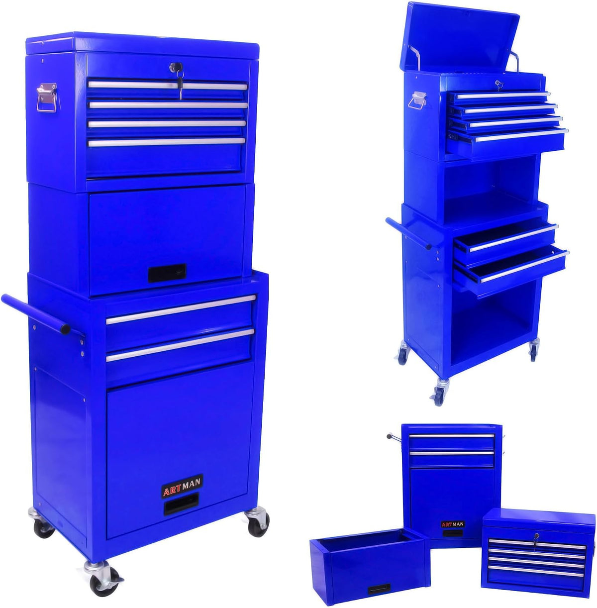 6-Drawer Tool Chest, 3-in-1 Rolling Tool Box with Detachable Top Toolbox & Key Lock,Tool Cabinet with Protective Liner & Universal Lockable Wheels,Metal Storage Cart for Garage,Workshop (Blue)