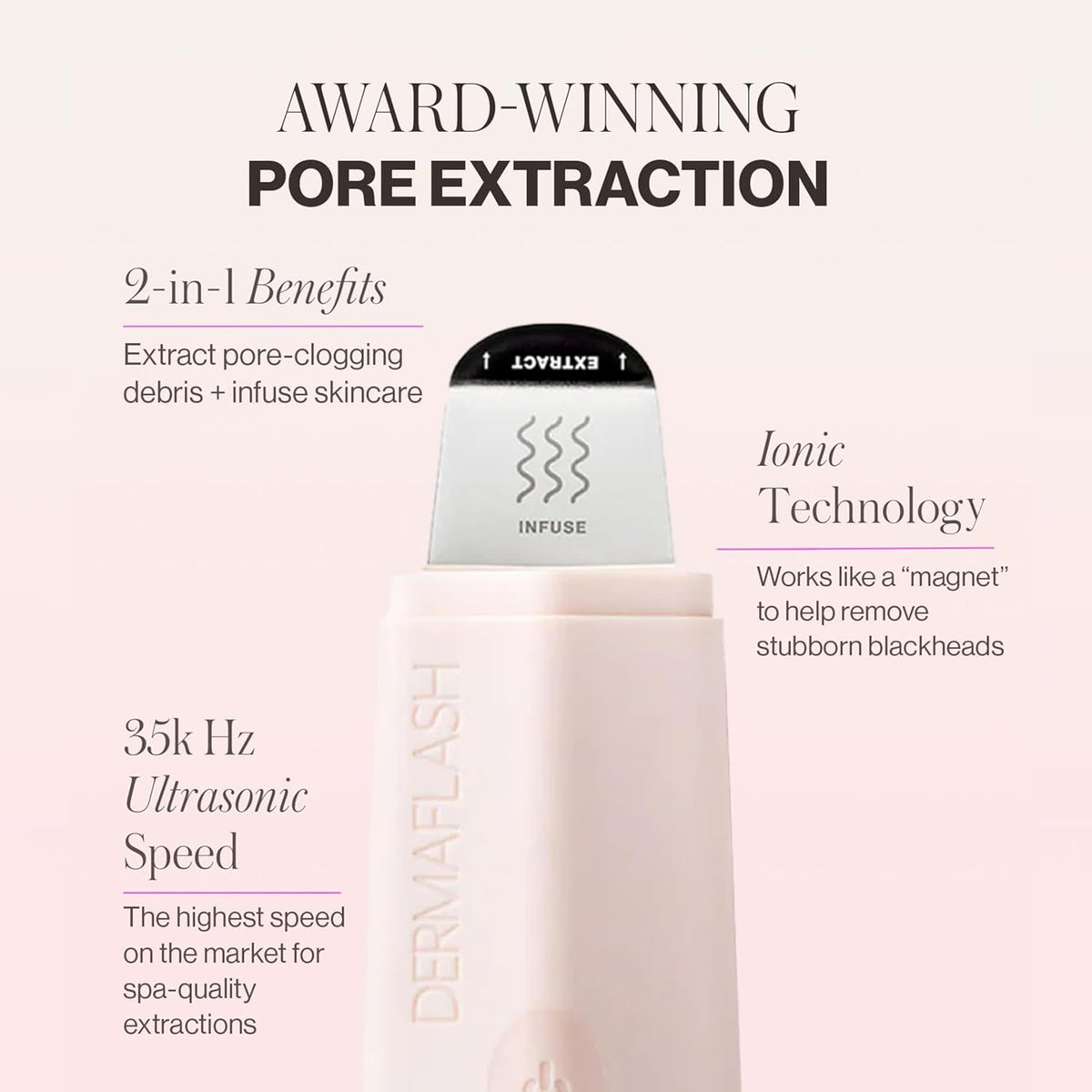 DERMAFLASH DERMAPORE+ Skin Care Device, Ultrasonic 2-in-1 Pore Extractor and Skincare Infuser, Blush
