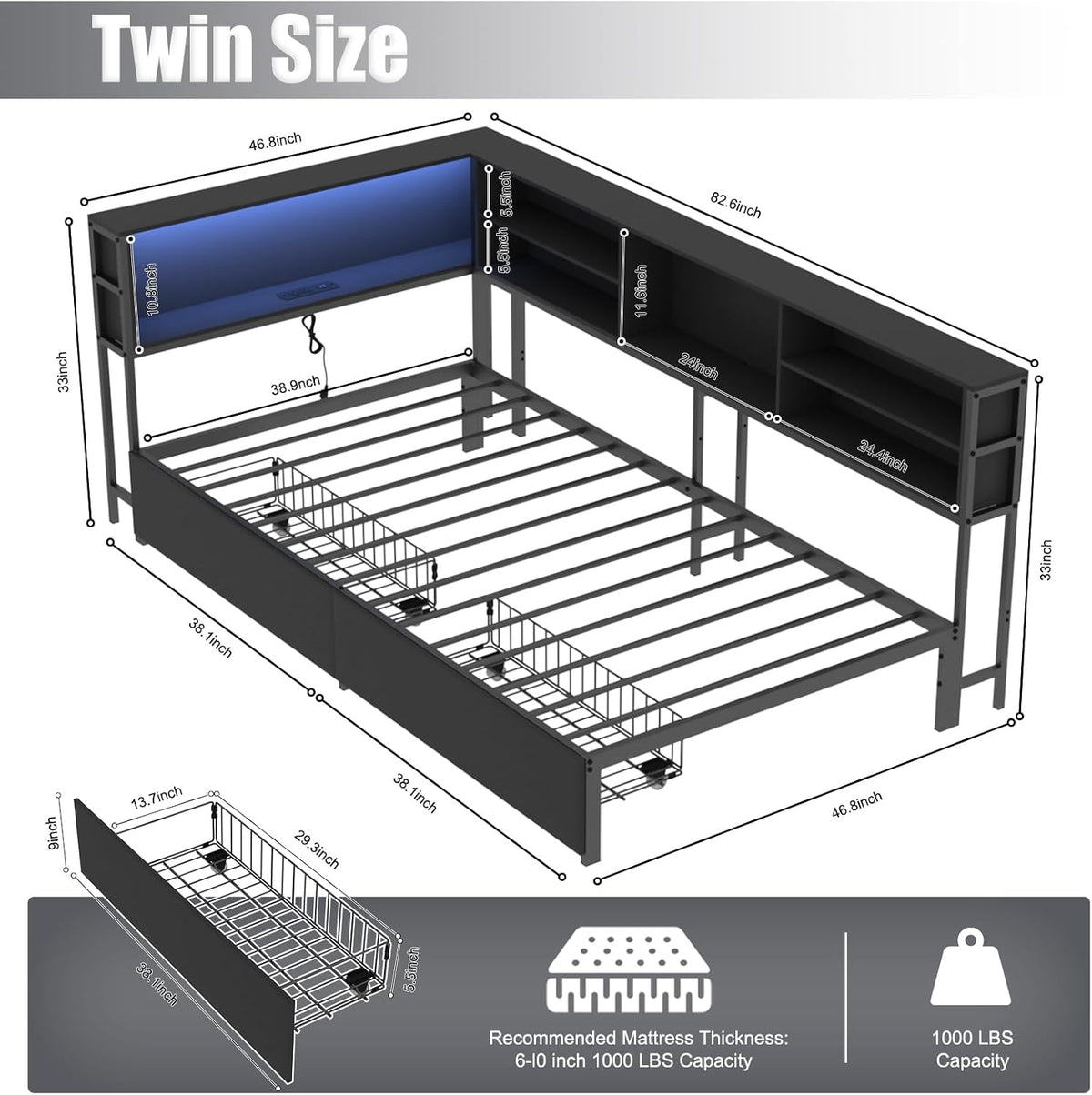 Corner Bed Frame Twin with Storage, L Shaped Daybed for Kids, Twin Corner Bed with Drawers, Shelves, RGB LED Lights & Charging Station, Sturdy Metal Kids Twin Bed for Girls Boys,Black