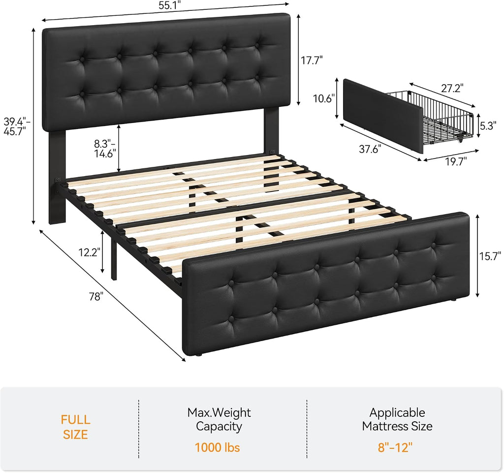 GarveeHome Full Size Bed Frame with 4 Storage Drawers and Headboard, Faux Leather Upholstered Platform Bed Frame with Wooden Slats Support, Button Tufted Design, No Box Spring Needed, Black