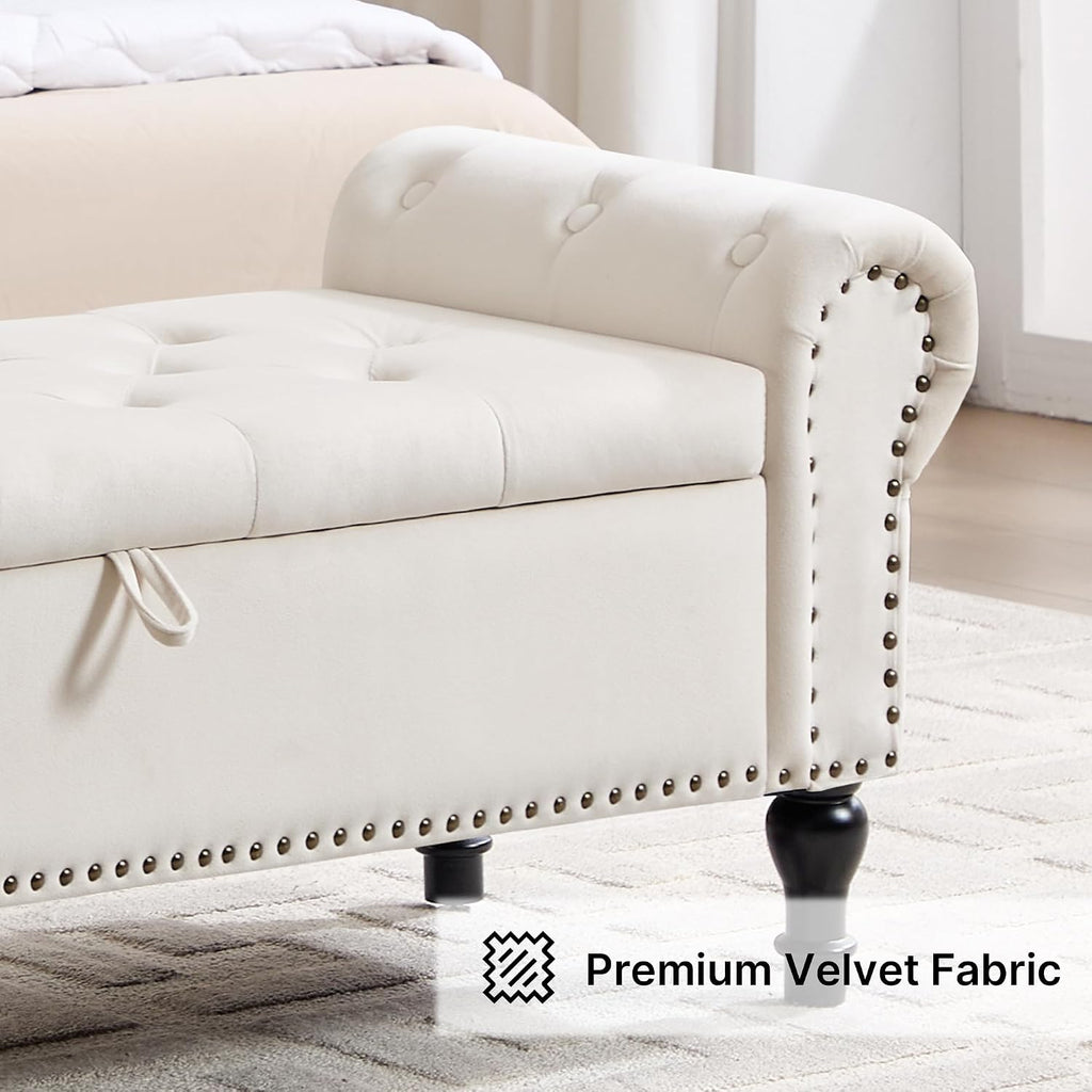 Storage Bench for Bedroom, 51' Upholstered End of Bed Bench, Velvet Queen Size Benches with Rolled Arms, Tufted Button Storage Long Ottoman, Living Room, Entryway, Beige
