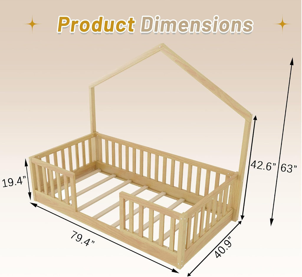 Twin Size House Bed for Kids, Low Profile Montessori Bed Twin with High Railings, Wood House Shape Montessori Beds with Light & Roof for Kids, Natural