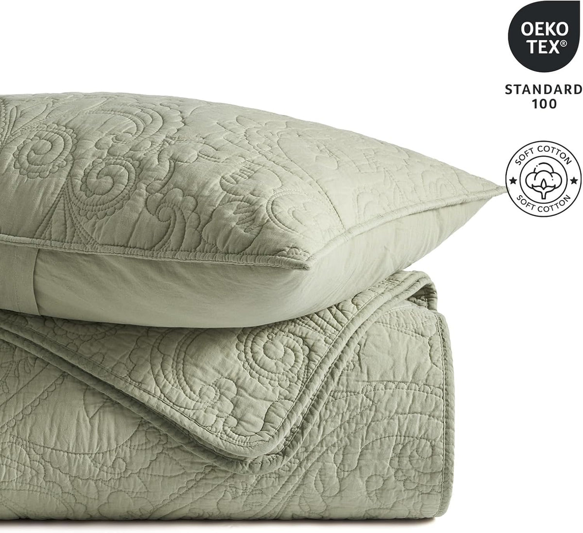 EVERGRACE 100% Cotton Paisley Quilt Set, King Size 3 Piece Set – Prewashed Lightweight Bedspread with 2 Shams, Soft & Breathable Matelasse-Style Quilted Coverlet, Light Sage Green