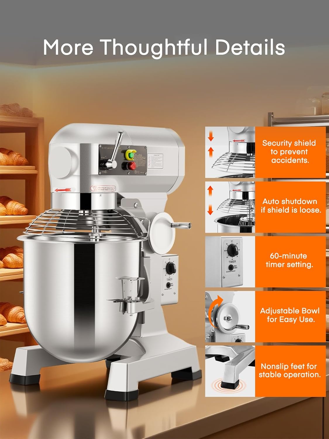 Commercial Mixer, Commercial Food Mixer, Dough Mixer with Stainless Steel Bowl, 3 Speeds Adjustable and Safety Guard, Dough Hook Whisk Beater Included, Ideal for Bakery Pizzeria, NO for Home(30QT)