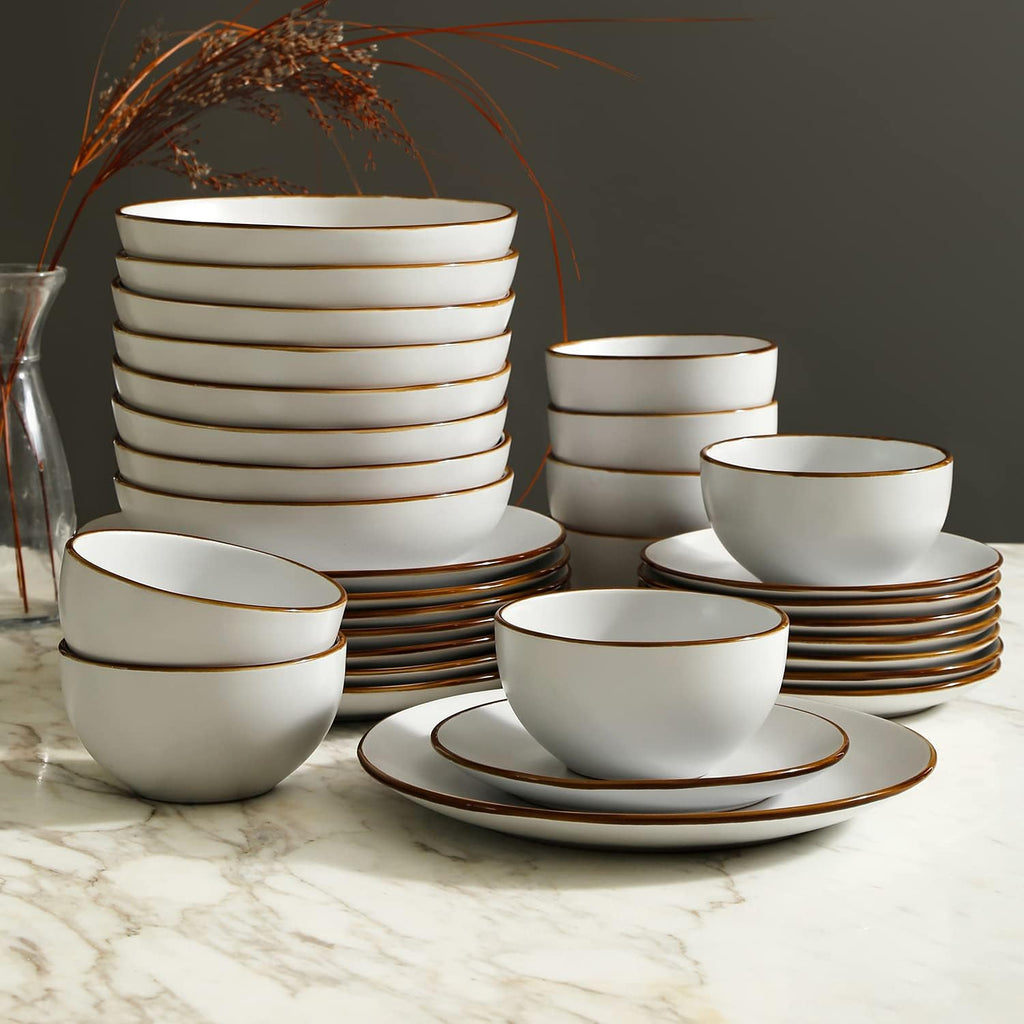 Stone Lain Brasa Stoneware 32 Piece Modern Dinnerware Set, Plates and Bowls, Service for 8, White, Microwave & Dishwasher Safe