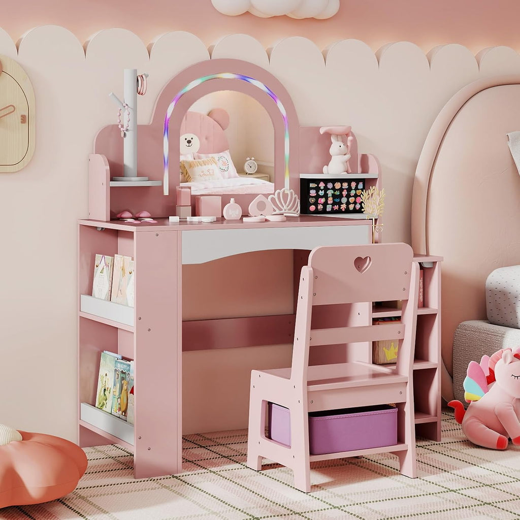 HONEY JOY Kids Vanity, Wooden Girls Vanity Set with Lighted Mirror & Open Bookshelf, Ring Slot & Jewelry Storage, Toddler Makeup Vanity Desk Dressing Table, Kids Vanity Table and Chair Set (Pink)