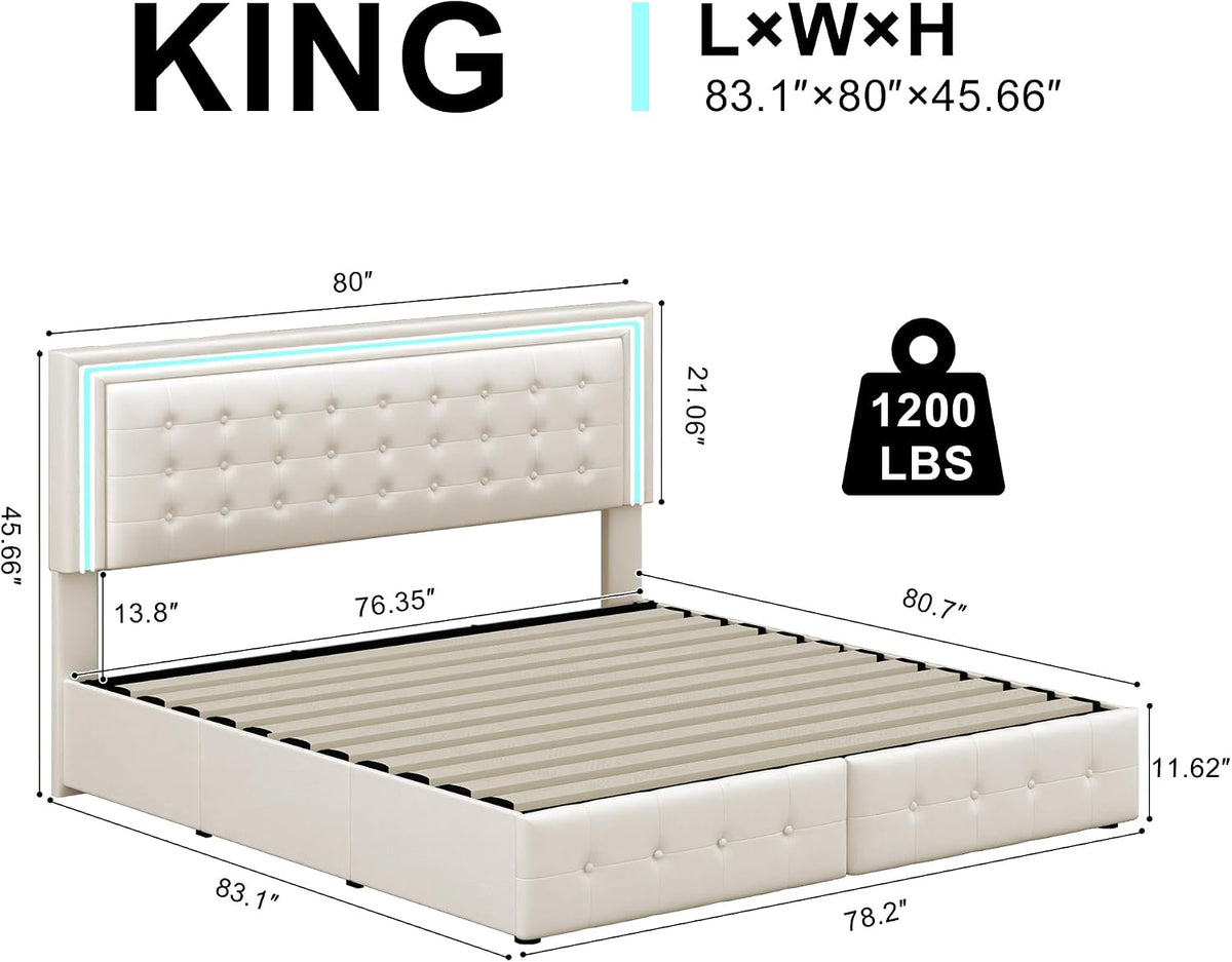 King Size Led Bed Frame with 4 Storage Drawers, Smart Control RGB LED Lights on Headboard, with Remote Control, Upholstered Adjustable Headbaord, Velvet