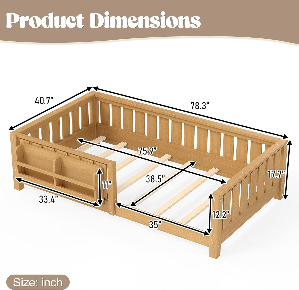 Bellemave Twin Floor Bed with Slats and Safety Guardrail, Twin Size Montessori Floor Bed with Fence and Built-in Bookshelf, Easy Assemble Montessori Beds for Kids, Girls, Boys, Light Natural
