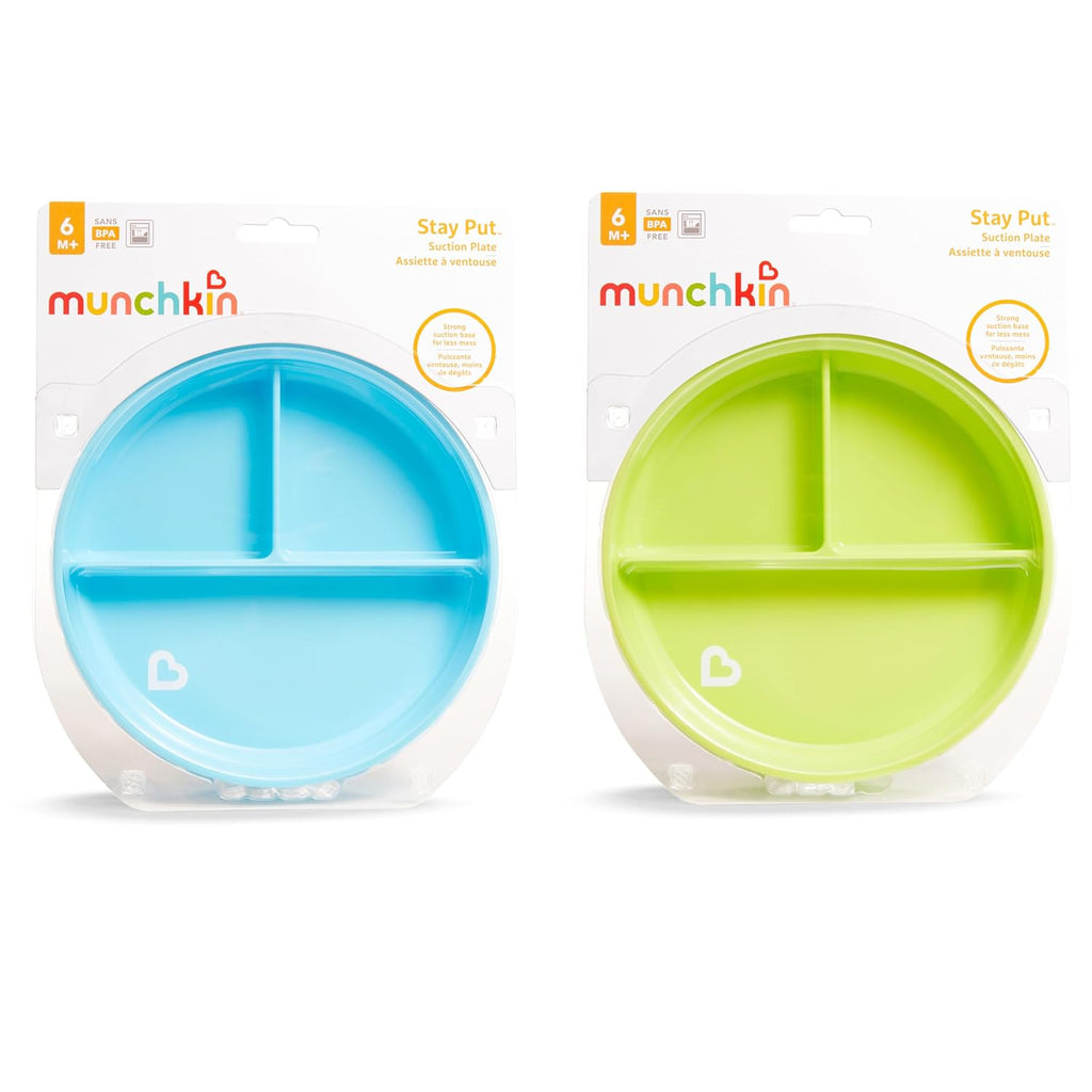 Munchkin Stay Put Suction Plates for Baby and Toddler,3 Divided Sections,Blue/Green,(Pack of 9)