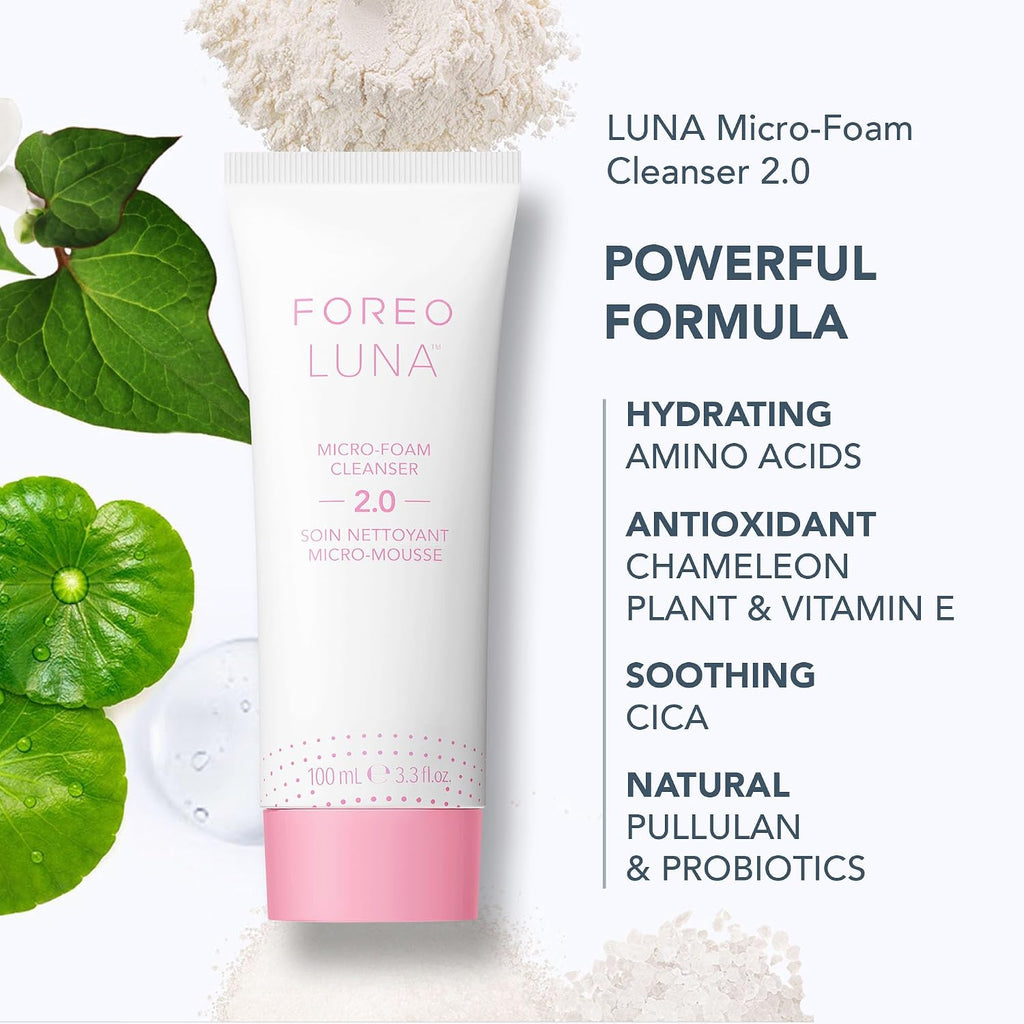 FOREO Deep & Gentle LUNA 4 Sensitive Bundle - Facial Cleansing Brush for Sensitive Skin + LUNA Micro-Foam Face Cleanser 2.0, 3.4 oz - Deep Cleansing and Firming Silicone Face Massager Beauty Set