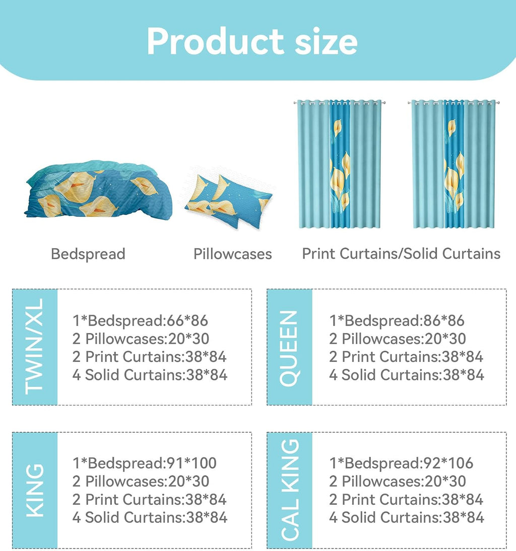 9 pcs Cal King Bed in a Bag with Curtains | Bedspread, Pillowcases, Print & Solid Curtains | Microfiber Tropical Floral | Moisture-Wicking, Durable | Bedspread and Curtain Sets