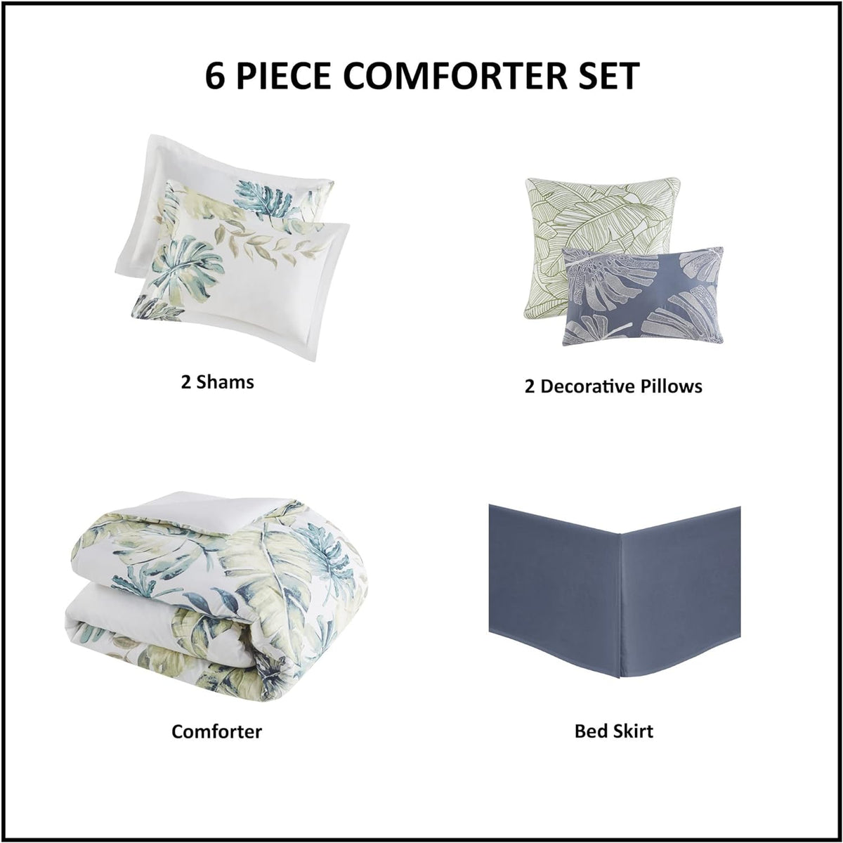Harbor House Cozy Cotton Comforter Set - Coastal, All Season Down Alternative Casual Bedding with Matching Shams, Decorative Pillows, Lorelai, Monstera Leaf Green Full(80'x90') 6 Piece