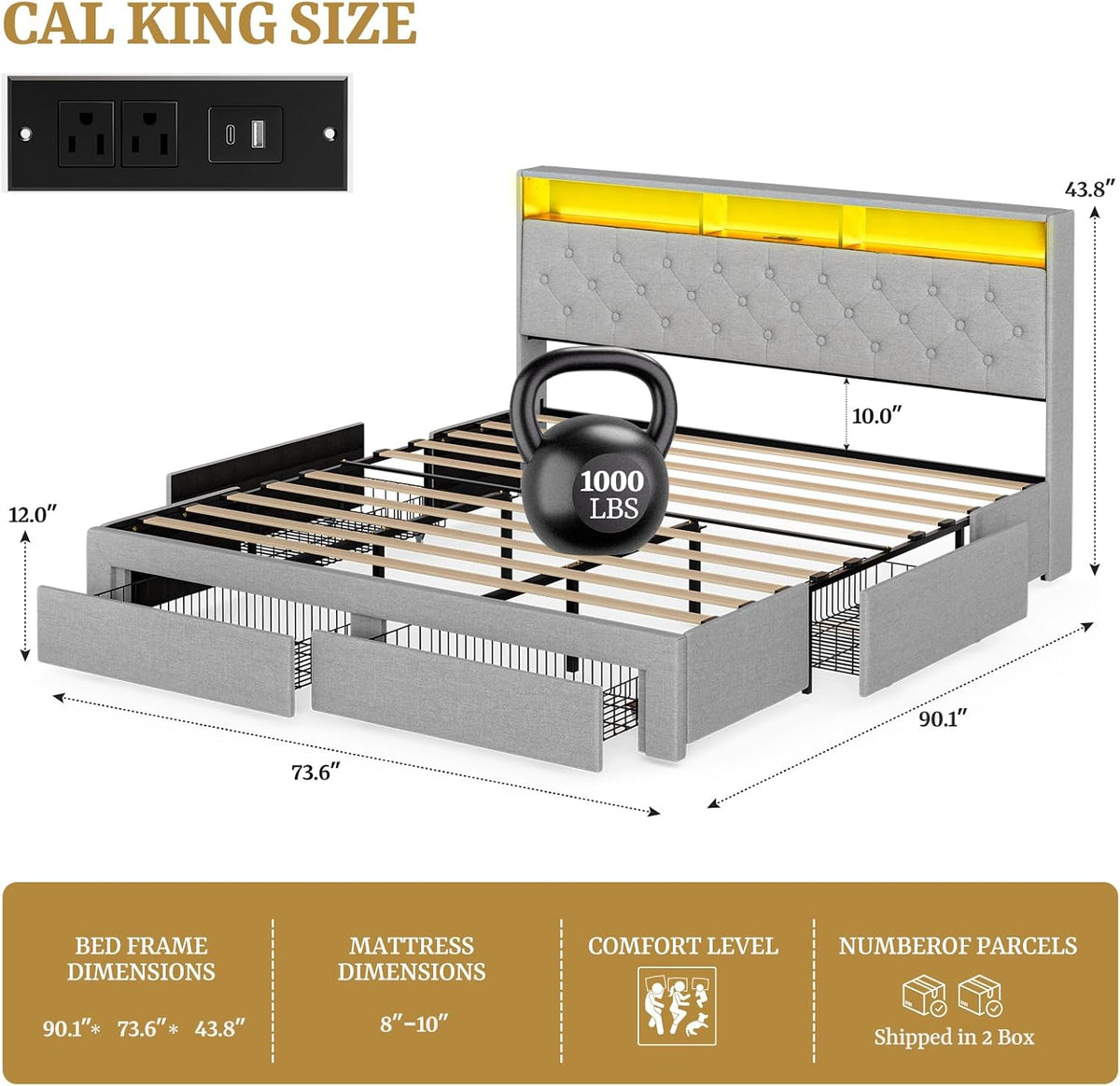IKIFLY California King Bed Frames with 4 Drawers & Hidden Storage Headboard, Upholstered Cal King Platform Bed with LED Lights and Charging Station, No Box Spring Needed, Noise Free, Light Grey