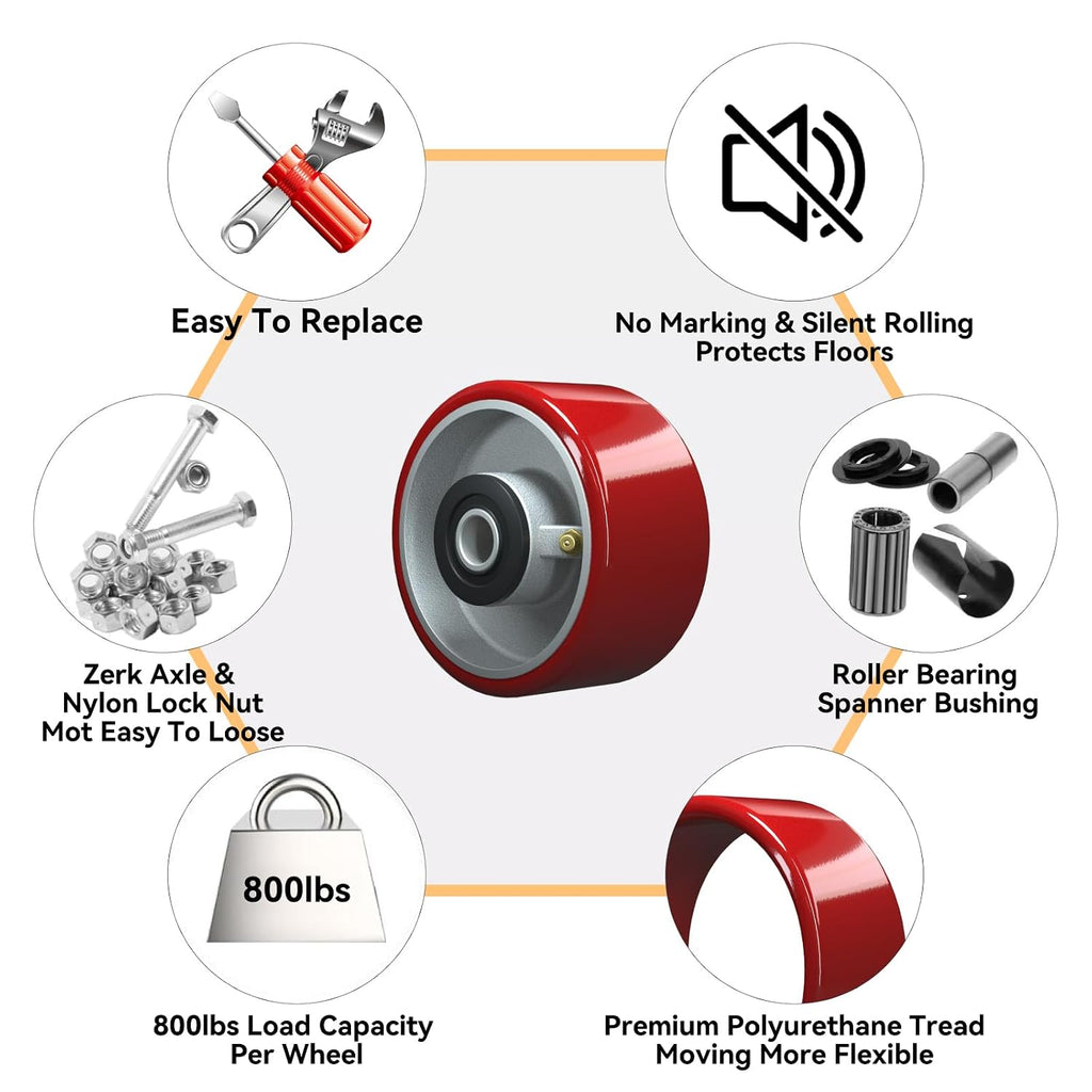 4 inch Caster Wheels Heavy Duty, Polyurethane on Steel Wheel, 1/2' Bore - 800 lbs Capacity, Heavy Duty Caster Wheel for Industrial/Commercial (10 PACK)