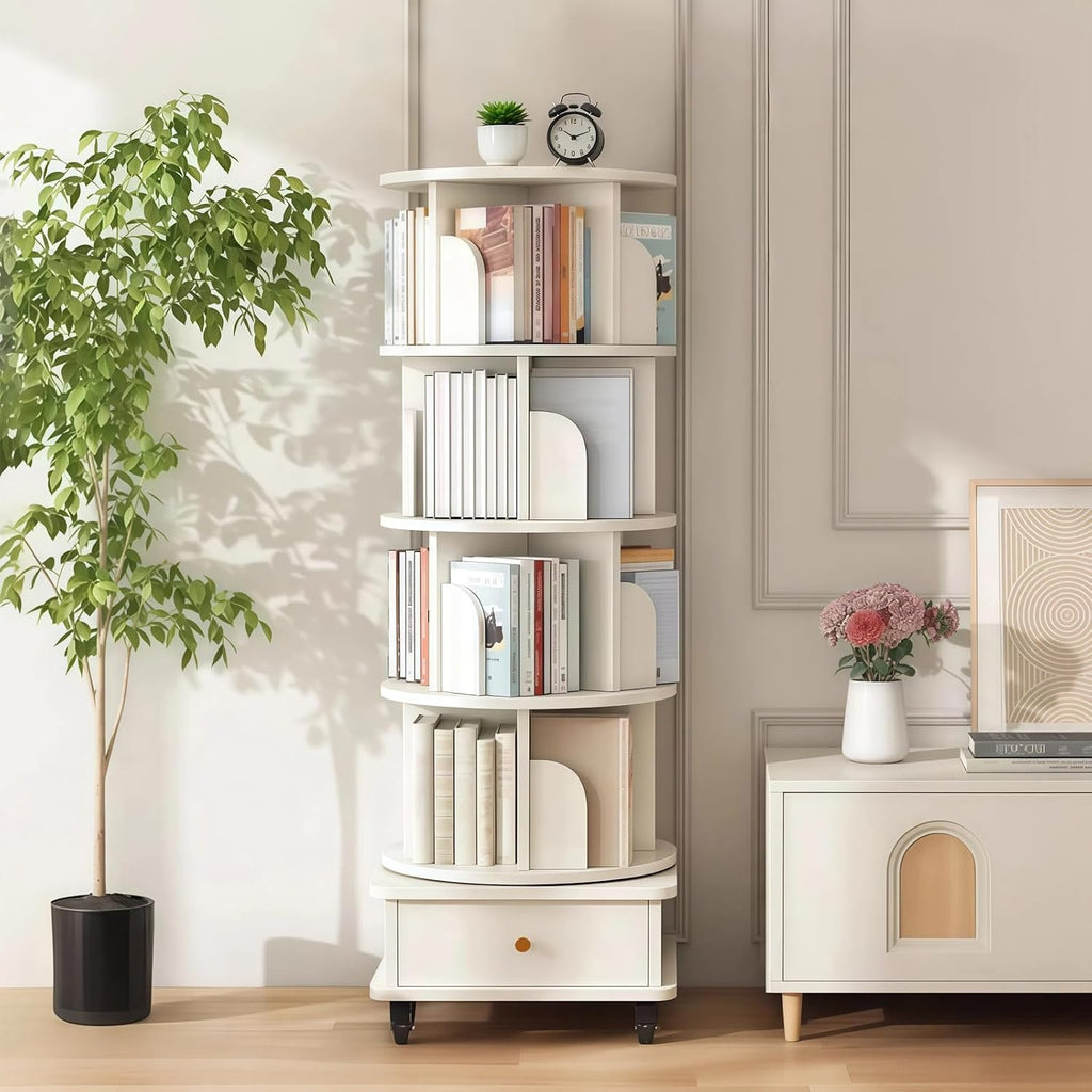 KEIKI 5-Tier Rotating Tower Spinning Bookshelf with 360°Swivel Wheels & Square Storage Drawer Base,Narrow Rolling Bookcase for Small Space,Corner,Bedroom,Office,White