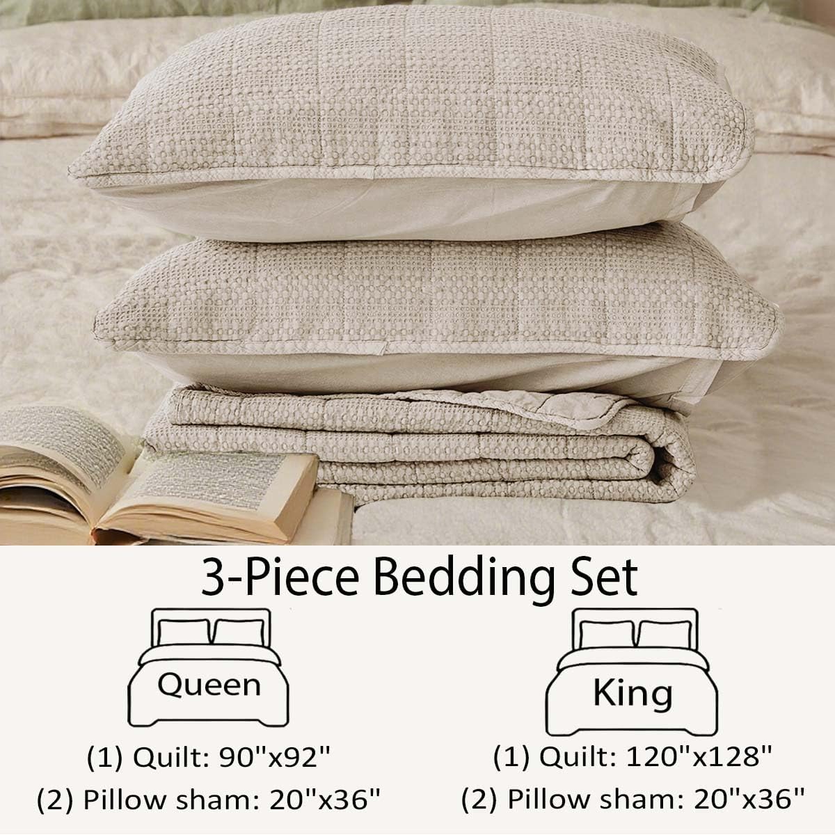 90x92 Queen Size Quilt Set with Pillow Shams Quilted Bedding Cover Ultra Soft Bedspread 3 Pieces Lightweight Soft Blanket for Home Decor,Khaki