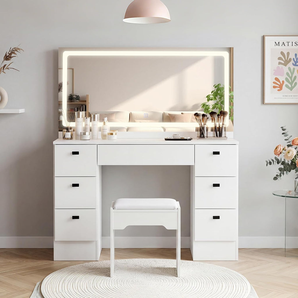 TUKAILAi 46.1' Large Vanity Desk with Mirror and LED Lights,7 Drawers & Power Outlet, White Modern Makeup Vanity Desk with PU Cushion Stool, Touch Control 3 Color Modes Dressing Table Set for Bedroom