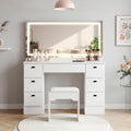 TUKAILAi 46.1' Large Vanity Desk with Mirror and LED Lights,7 Drawers & Power Outlet, White Modern Makeup Vanity Desk with PU Cushion Stool, Touch Control 3 Color Modes Dressing Table Set for Bedroom