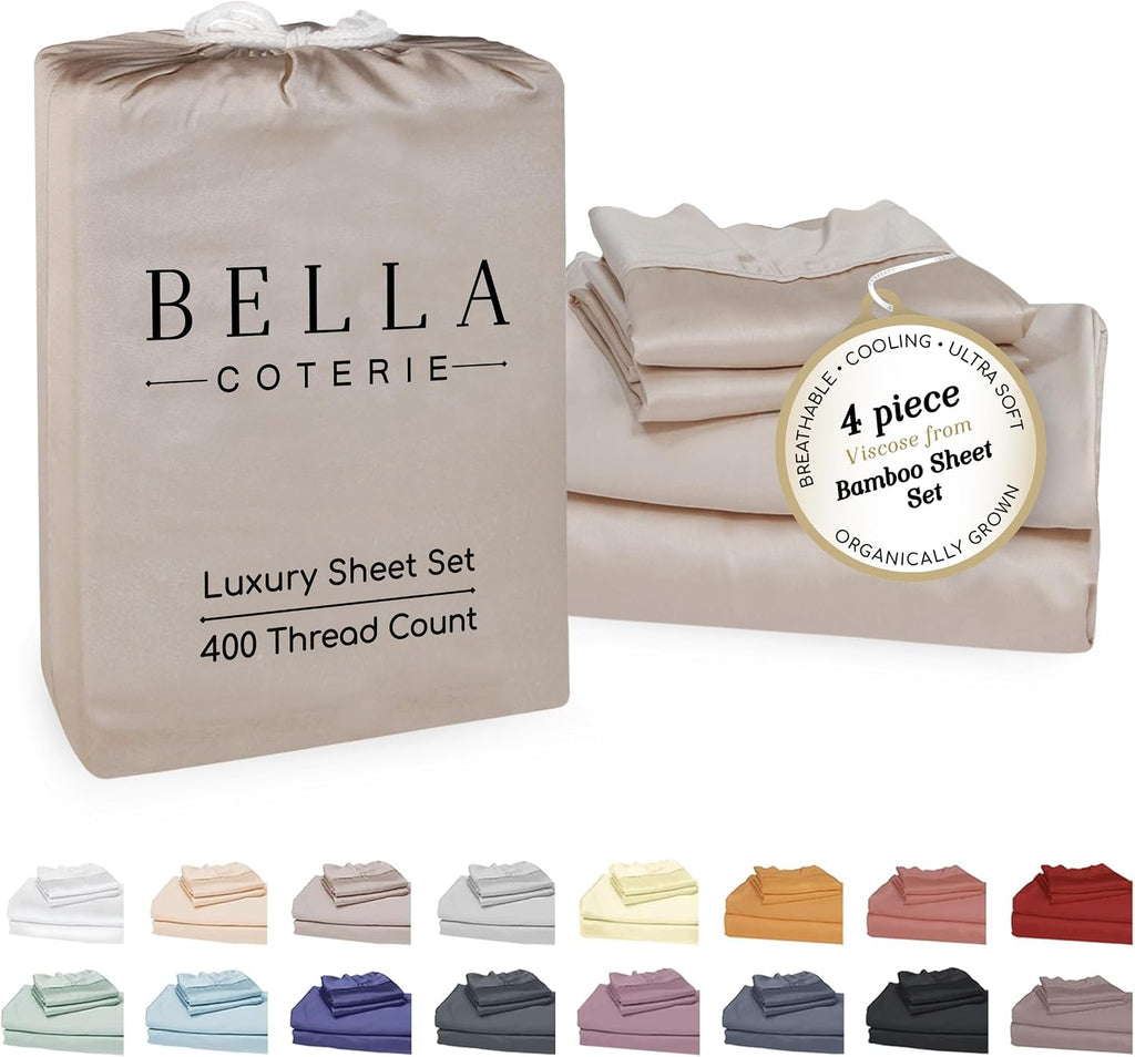 Bella Coterie Luxury Bamboo Viscose King Size Sheet Set | 100% Organically Grown | Ultra Soft | Cooling for Hot Sleepers | 18' Deep Pocket [Dune]