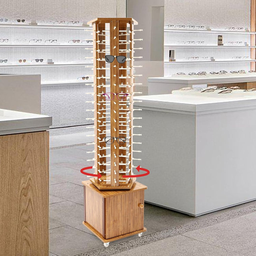 Sunglasses Storage Display Stand with Wheels Glasses Rack Organizer 5-Sided Eyewear Display Rack with Storage Cabinet for Home Retail Stores Shopping Malls, 66.14' (Dark Brown)