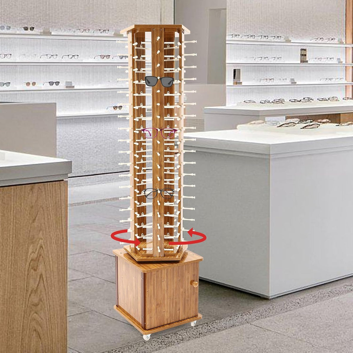 Sunglasses Storage Display Stand with Wheels Glasses Rack Organizer 5-Sided Eyewear Display Rack with Storage Cabinet for Home Retail Stores Shopping Malls, 66.14' (Dark Brown)
