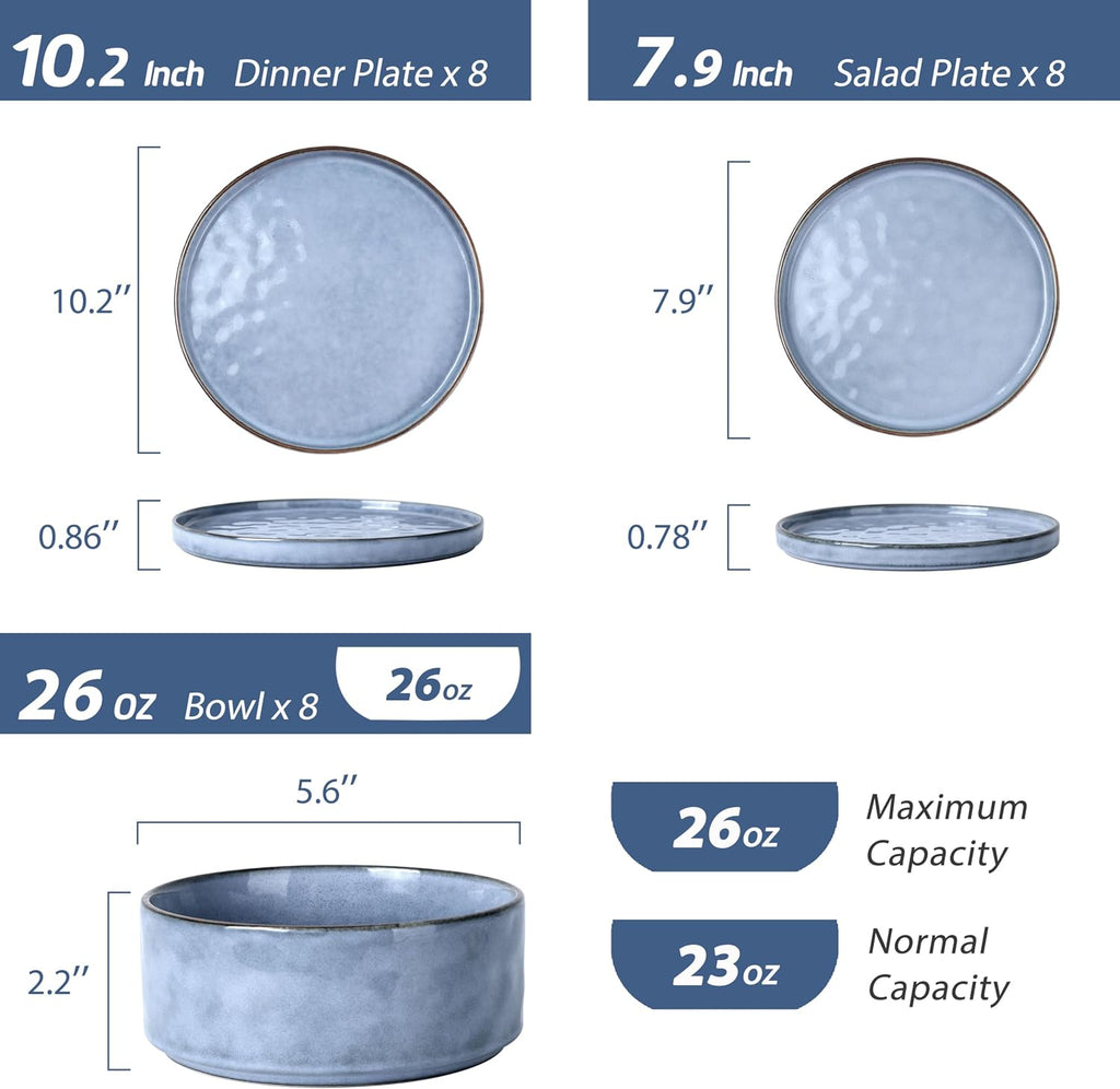 LIANYU 24 Pcs Plates and Bowls Dinnerware Sets for 8, Stoneware Dinner Dish Set, Dishware for Dessert Salad Pasta, Microwave & Dishwasher Safe, Serenity Blue