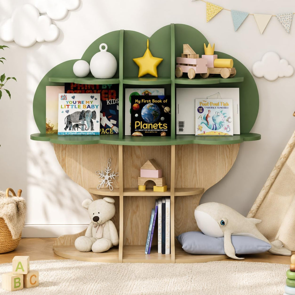 Green Tree Kids Bookshelf Toddler Bookcase 4-Tier Baby Book Rack Children Toy Storage Organizer Forest Wood Display Shelf for Nursery Playroom Bedroom Classroom School Homeschooling Boy Girl's Gift