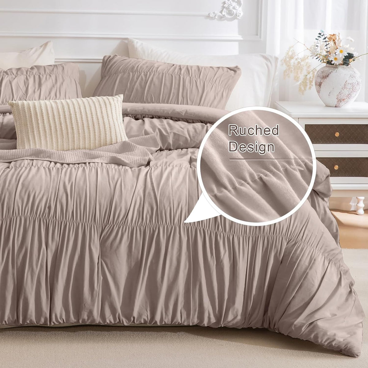 Masaca Oversized King Size Comforter 128x120,3 Pieces Vintage Taupe Ruched Bedding Comforter Set Lightweight Ultra Soft Shabby Boho Chic Bedding (1 Ruffle Comforter +2 Pillowcases)