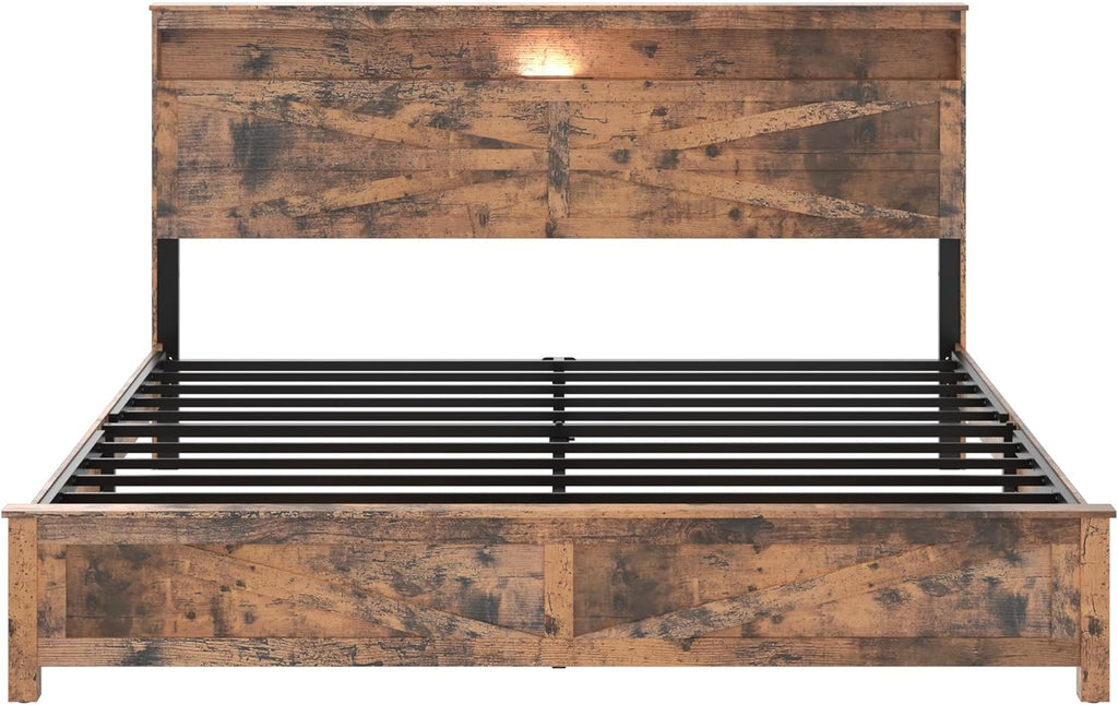 Farmhouse Wooden Bed Frame King Size with Storage Headboard, Boho Platform Bedframe with LED Lights and Charging Station, Metal Slats Support, No Box Spring Needed, Brown