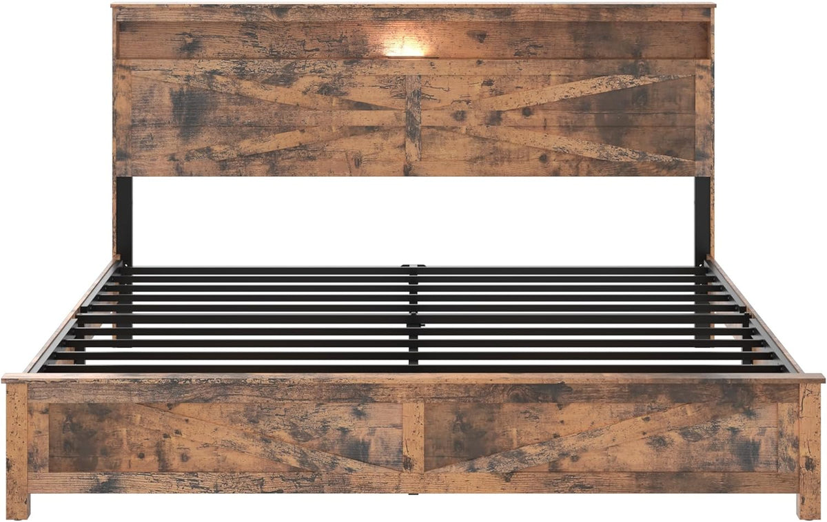 Farmhouse Wooden Bed Frame King Size with Storage Headboard, Boho Platform Bedframe with LED Lights and Charging Station, Metal Slats Support, No Box Spring Needed, Brown
