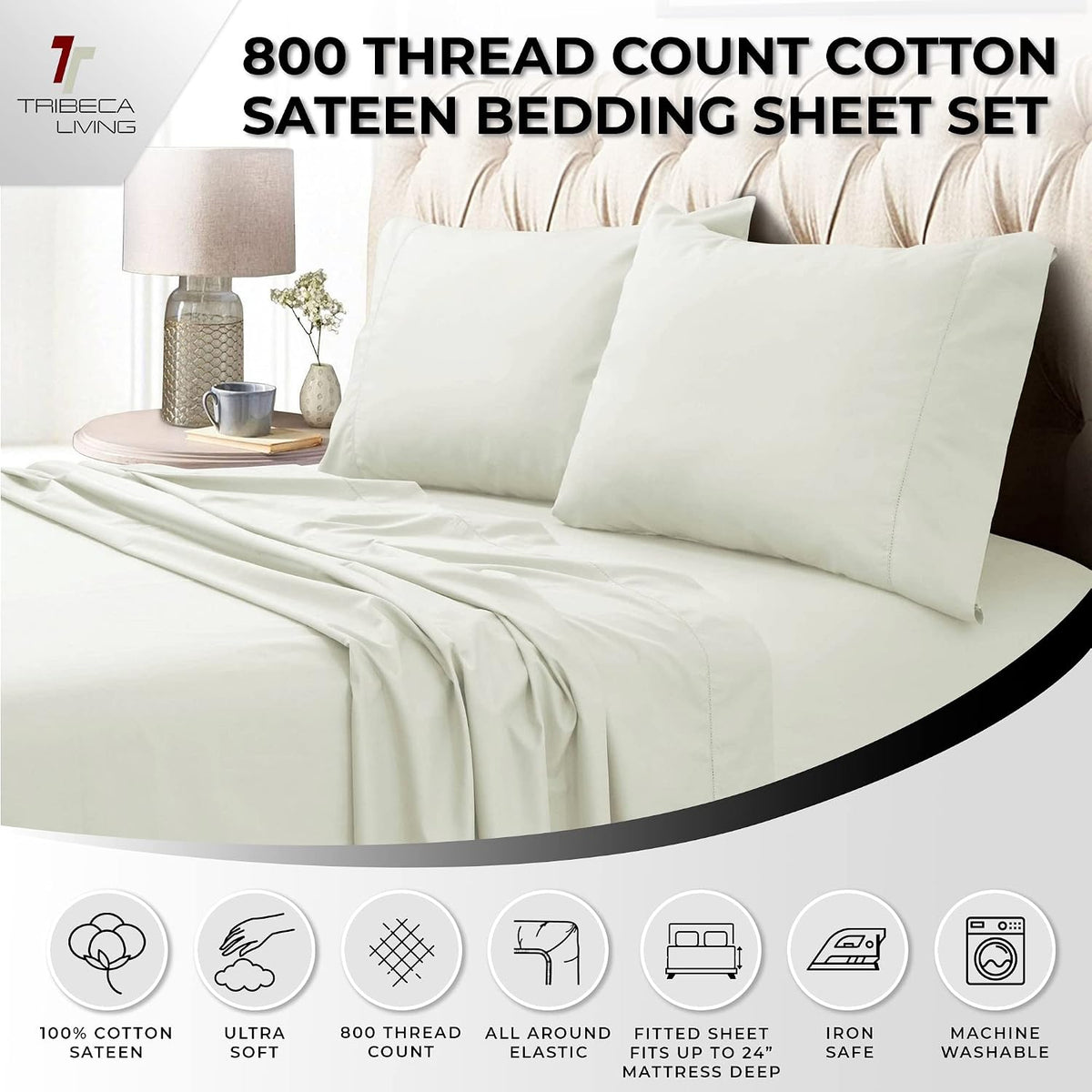Tribeca Living Queen Bed Sheet Set, Soft Egyptian Cotton Sateen Solid Sheets and Pillowcase Set, Extra Deep Pocket, 800 Thread Count, 4-Piece Luxury Bedding, Ivory