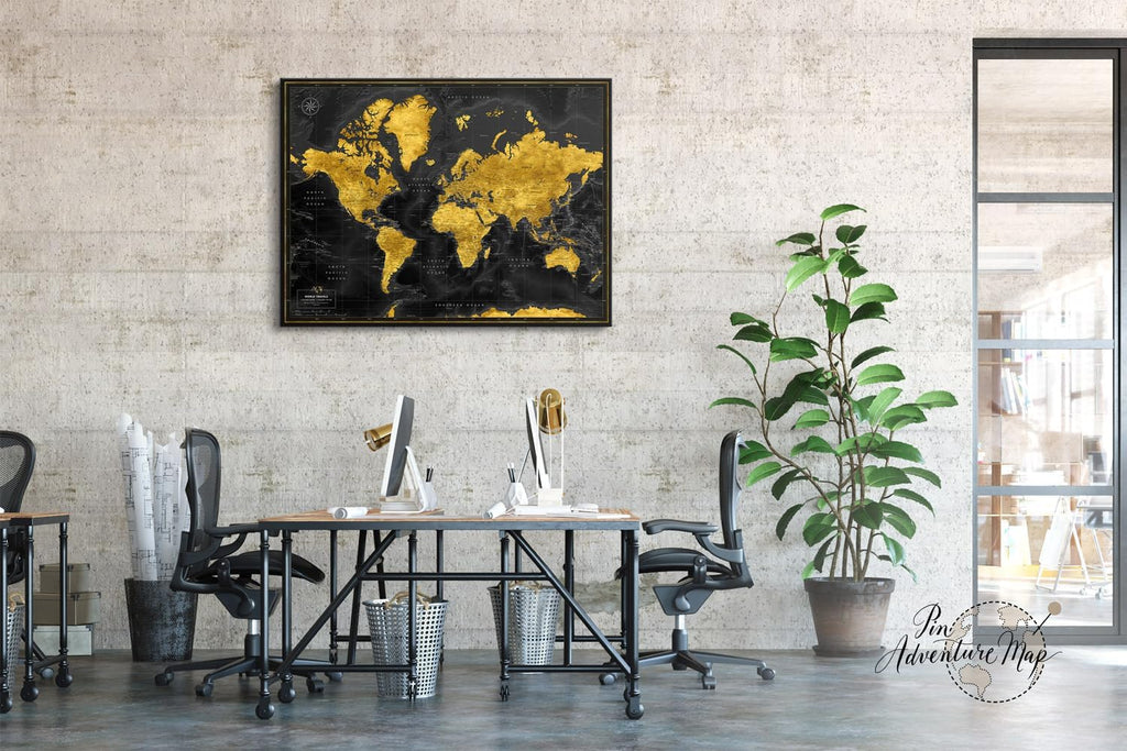 World map with pins to mark travels - World Map pinboards for globetrotters & and travel-themed interiors (32 x 24, Midnight Gold)