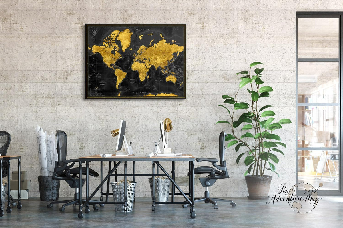 World map with pins to mark travels - World Map pinboards for globetrotters & and travel-themed interiors (32 x 24, Midnight Gold)