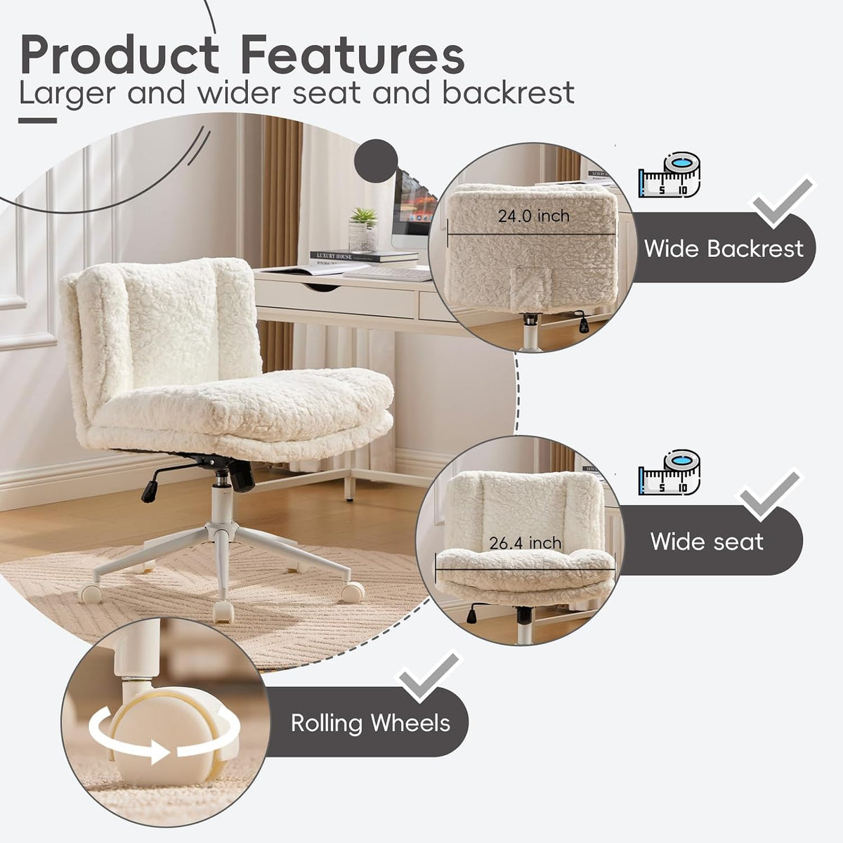 Upgraded Plush Faux Fur Criss Cross Office Vanity & Desk Chair with White Metal Base – Extra-Wide Seat & Tilt Backrest, Adjustable Swivel Makeup Chair for Bedroom, Study & Home Office, Cream