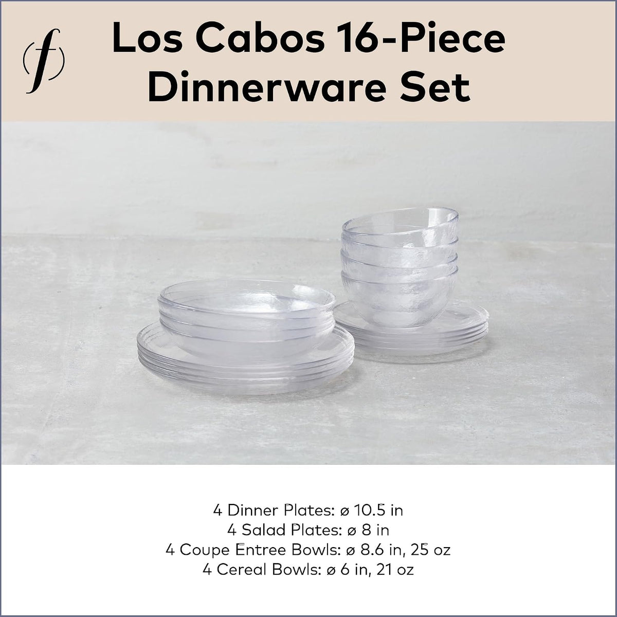 FORTESSA Los Cabos Tableware, 16-Piece Glass Dinnerware Set with 4 Dinner Plates, 4 Salad Plates, 4 Coupe Bowls and 4 Cereal Bowls, Dishwasher-Safe Glass Plate Set, Clear