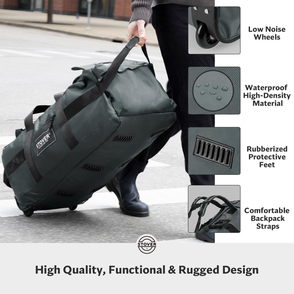 STOVER 45/80/100L Rolling Duffel Bag with Wheels, Large Durable Travel Duffle + Toiletry Bag, Heavy Duty, Packable, Foldable with Shoulder Straps- Use as Luggage or Backpack, Men/Women (Grey)