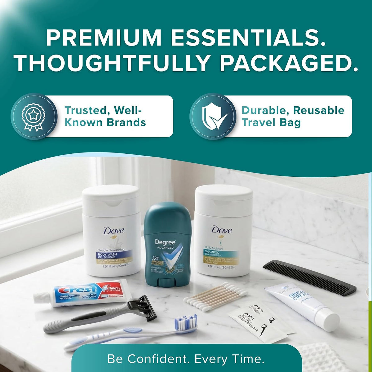 TrekTote Bulk Men's Travel Hygiene Kits Case Pack of 12 Piece Kits TSA Approved Travel Size Toiletry Kits with Toothbrush Toothpaste Deodorant Razor for Outreach Emergency Use