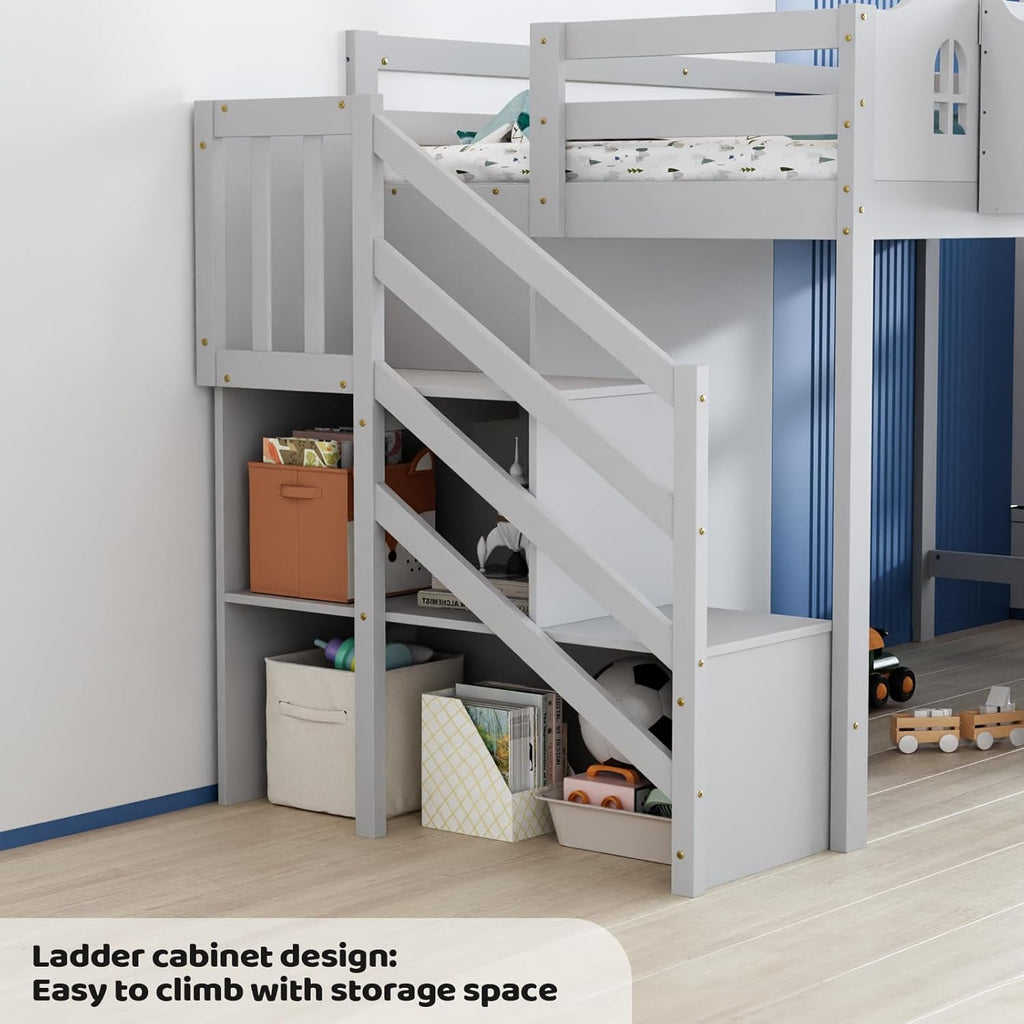 JOYMOR Low Loft Bed with LED Lights, Twin Loft Bed with Stairs, Safety Guardrail, Curtain, Wooden Bed Frame for Kids with Storage Staircase and Under-Bed Play Space,Smoky Gray