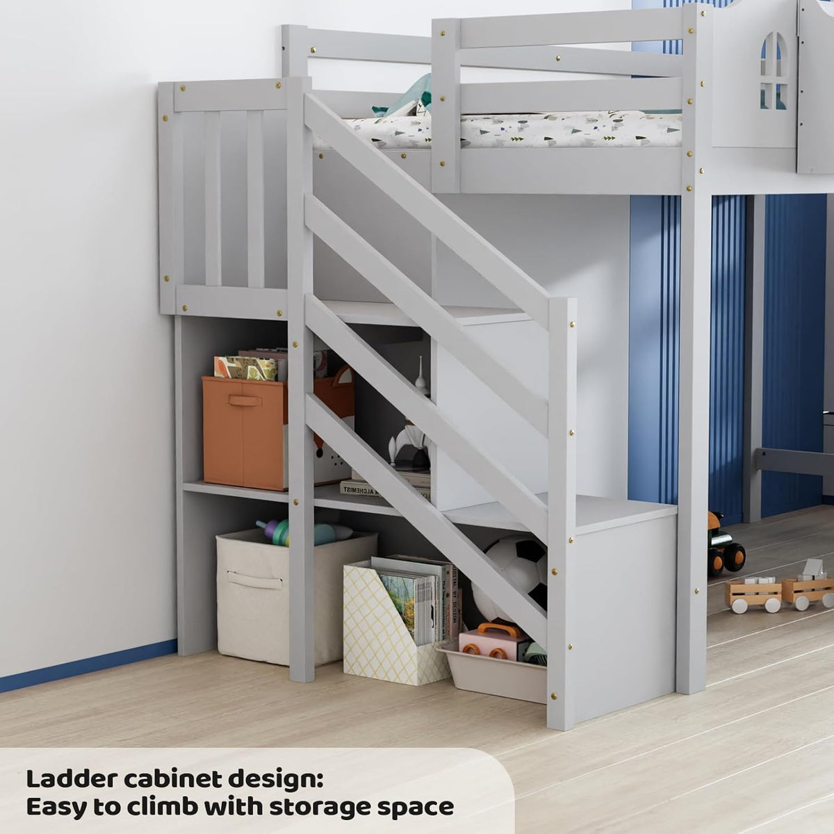JOYMOR Low Loft Bed with LED Lights, Twin Loft Bed with Stairs, Safety Guardrail, Curtain, Wooden Bed Frame for Kids with Storage Staircase and Under-Bed Play Space,Smoky Gray
