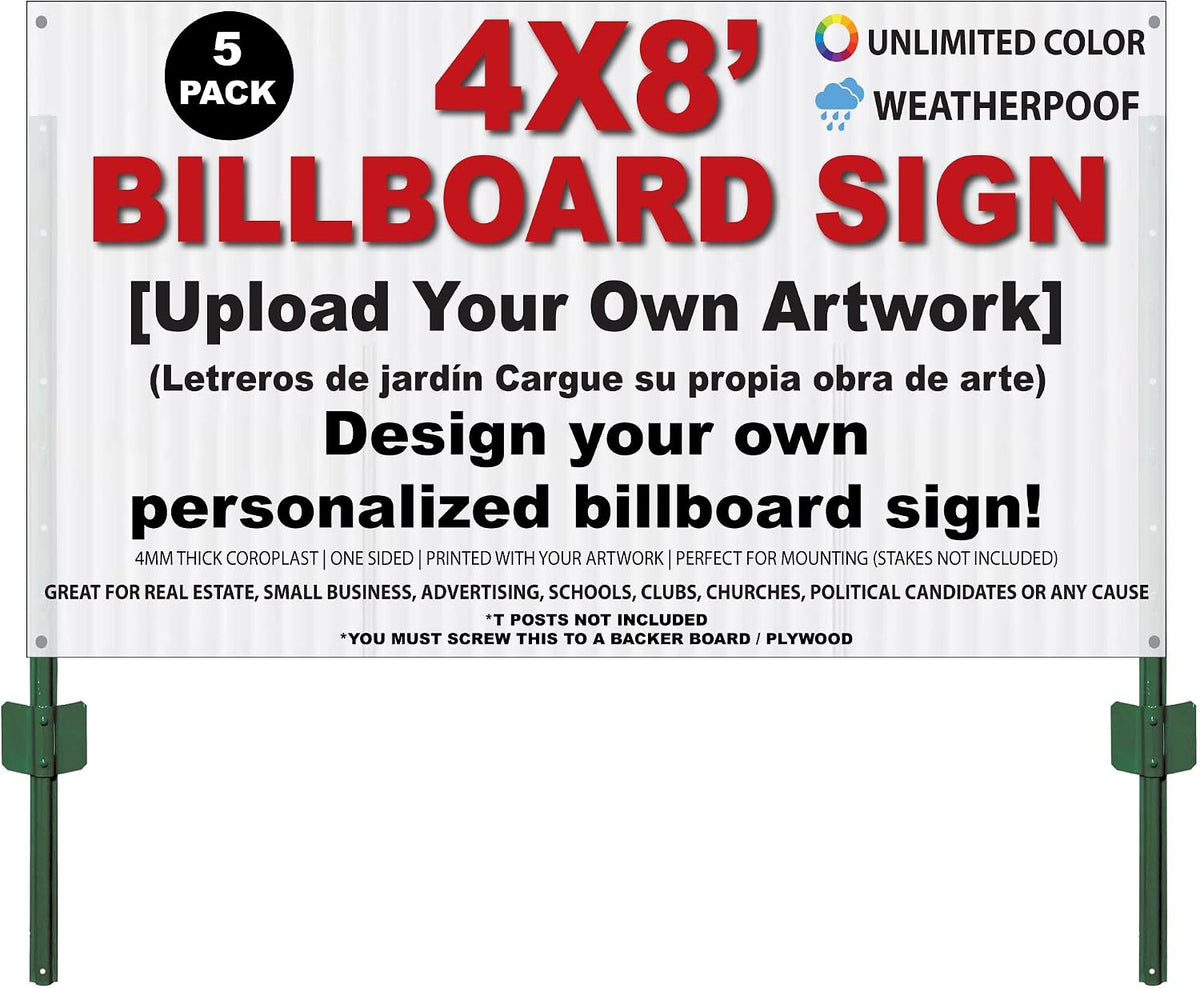 Custom + Personalized Large Yard Sign, 96 x 48 inch (8ft x 4ft), Outdoor, Weatherproof Corrugated Plastic, Multiple Pack Selection (5)
