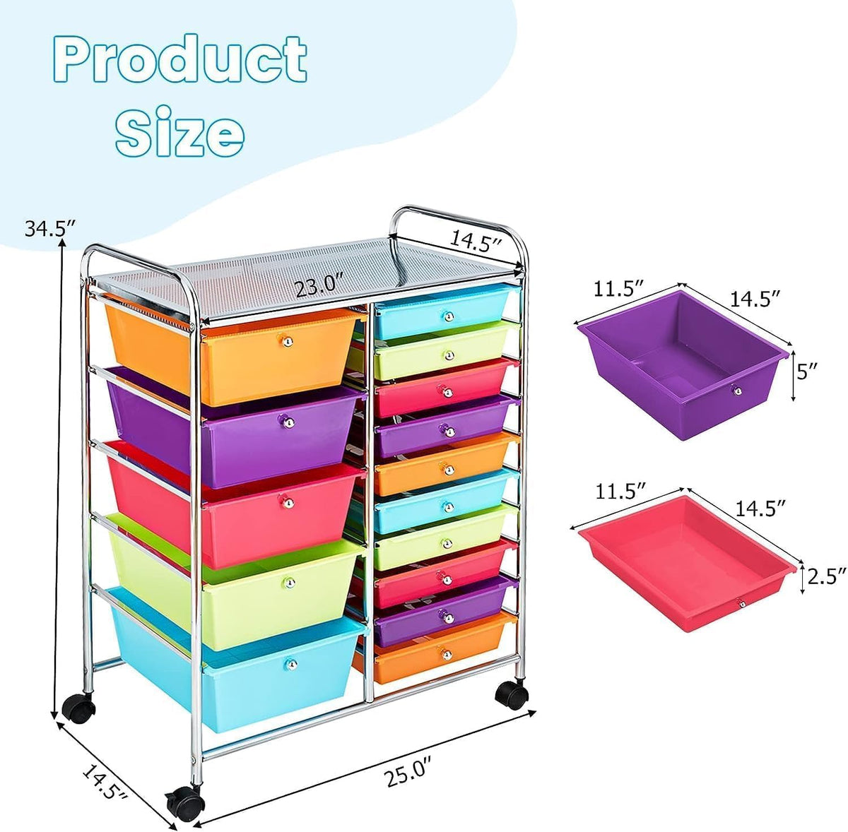LUARANE Rolling Cart with 15 Drawers, Craft Storage Cart with Portable Handles & Lockable Wheels, Mobile Toys Organizer, Large Capacity Utility Drawer Cart Home Office School Teacher (Multi-colored)