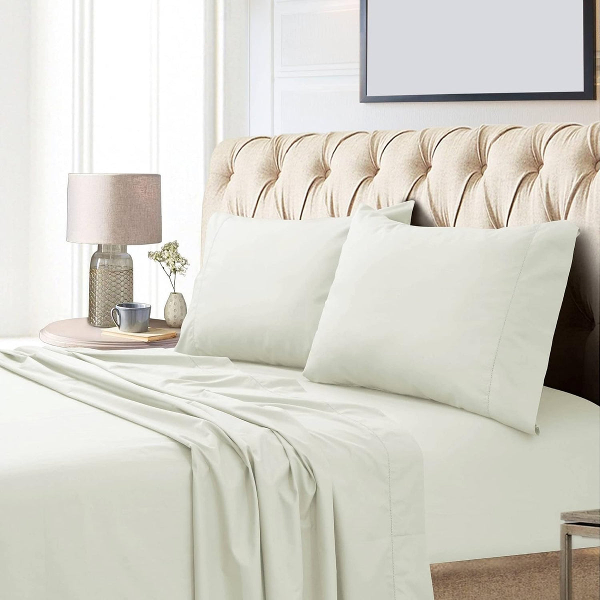 Tribeca Living Queen Bed Sheet Set, Soft Egyptian Cotton Sateen Solid Sheets and Pillowcase Set, Extra Deep Pocket, 800 Thread Count, 4-Piece Luxury Bedding, Ivory