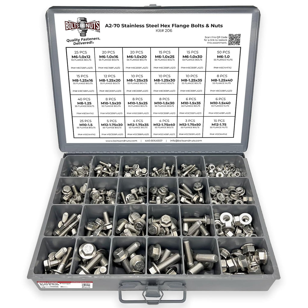 A2-70 Metric Stainless Steel Hex Flange Screws Bolts Nuts Assortment Kit - 343 Pcs!