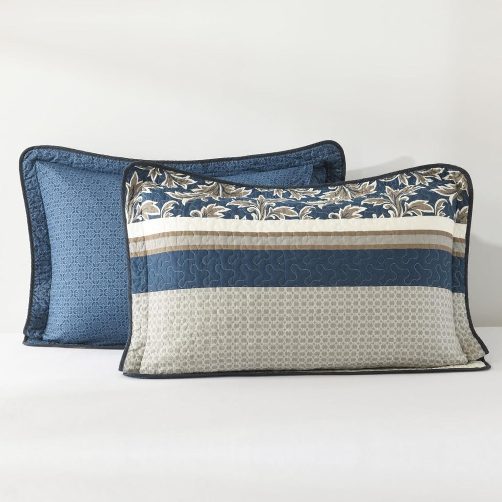 Uniclinens 100% Cotton Quilts Queen Size, Lightweight Botanical Striped Queen Quilt Bedding Set, Vintage Chic Reversible Quilted Bedspreads Coverlet Set, All Season, 3 Pieces, Navy Blue/Gray/Kharki