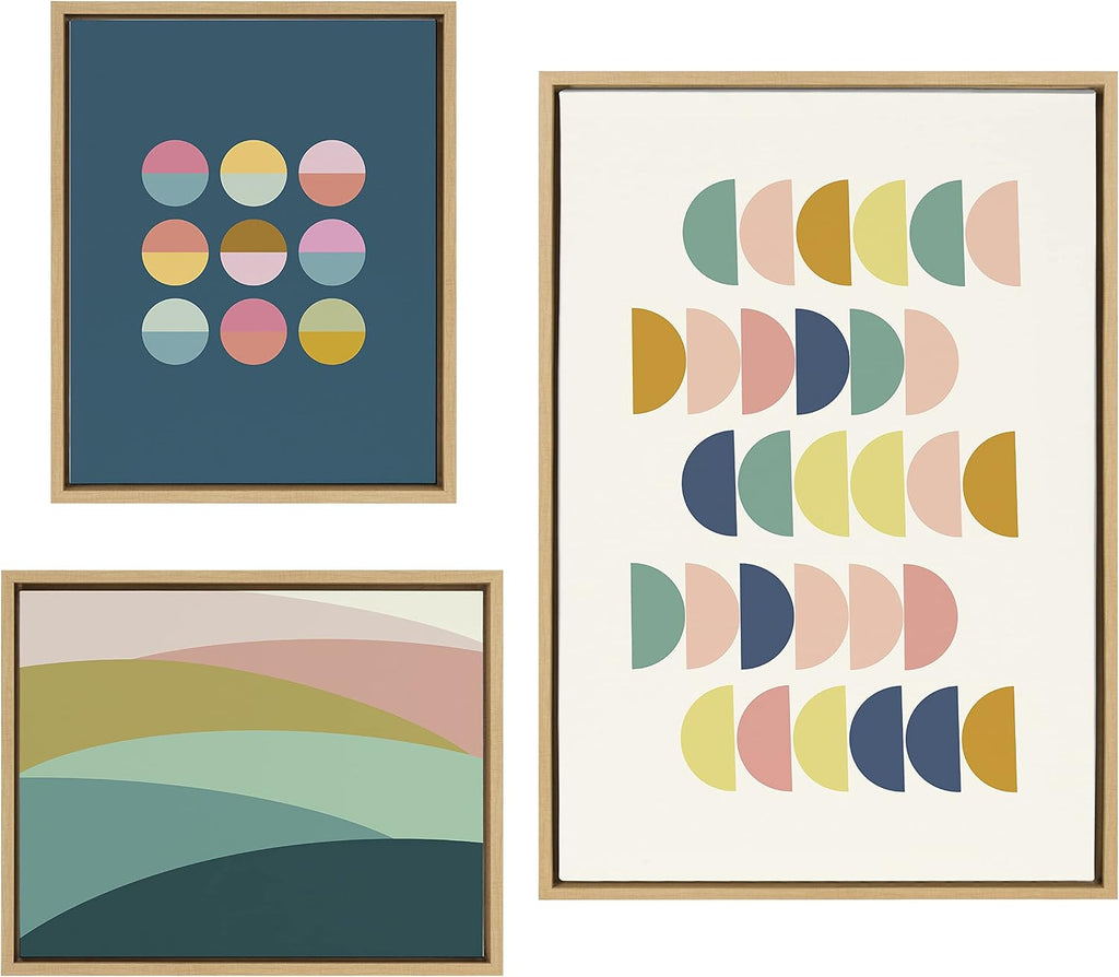 Kate and Laurel Sylvie Simple Shapes in Soft Colors Framed Canvas Wall Art Set by Apricot and Birch; Set of 3; two 16x20 and one 23x33 Natural Finish Frames; Decorative Abstract Art Set for Wall