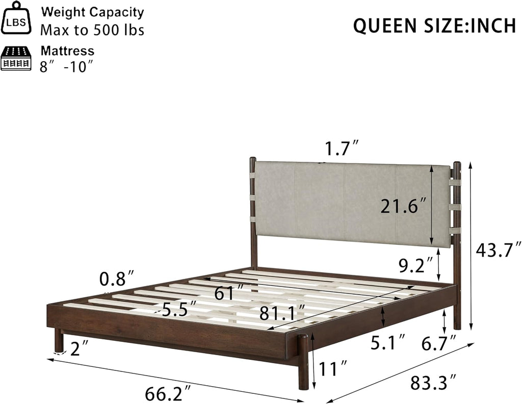 Queen Bedroom Set, Queen Size Platform Bed Frame with 2 Bedside Tables and Headboard Included, Mid Century Modern Wood Bed Frames, Slat Support (Light Gray + Walnut, Queen)