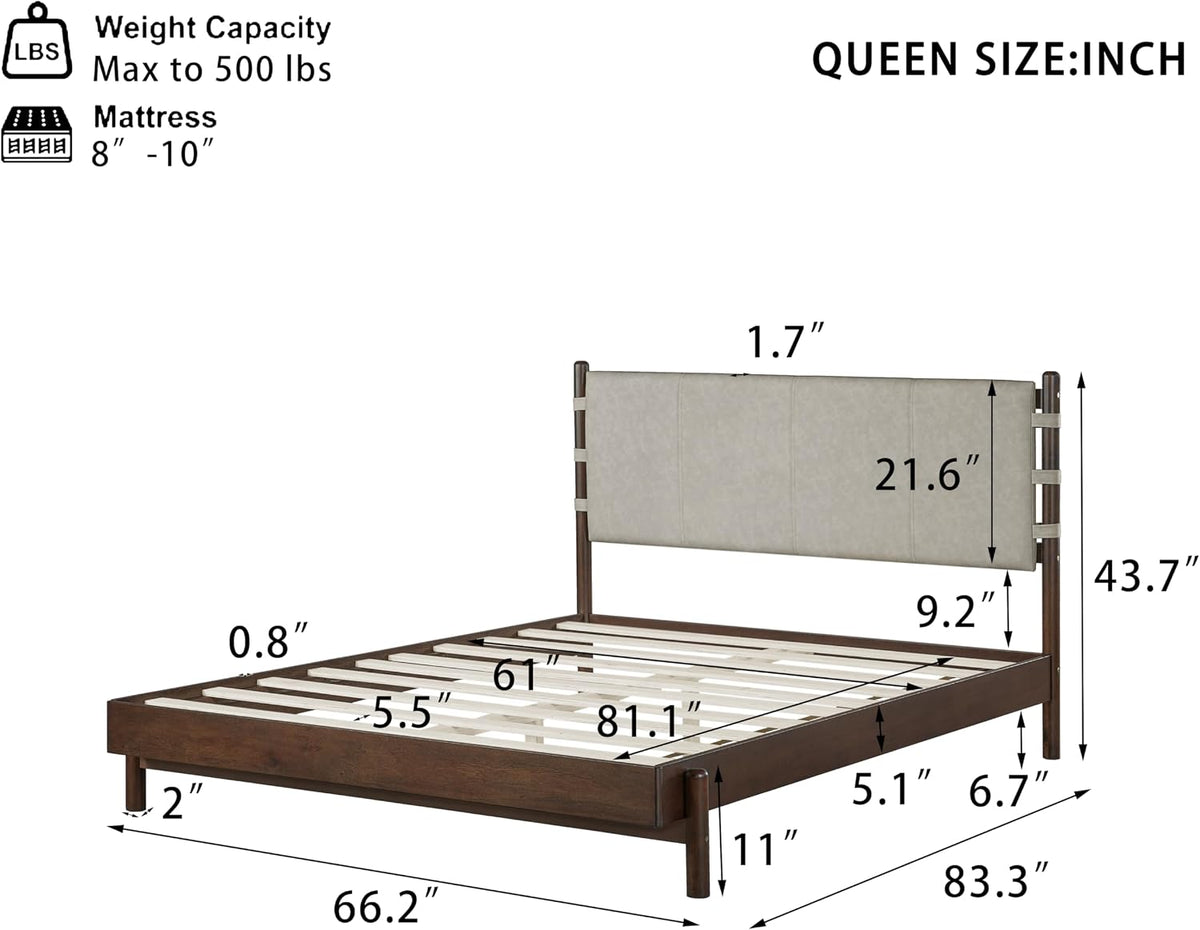 Queen Bedroom Set, Queen Size Platform Bed Frame with 2 Bedside Tables and Headboard Included, Mid Century Modern Wood Bed Frames, Slat Support (Light Gray + Walnut, Queen)