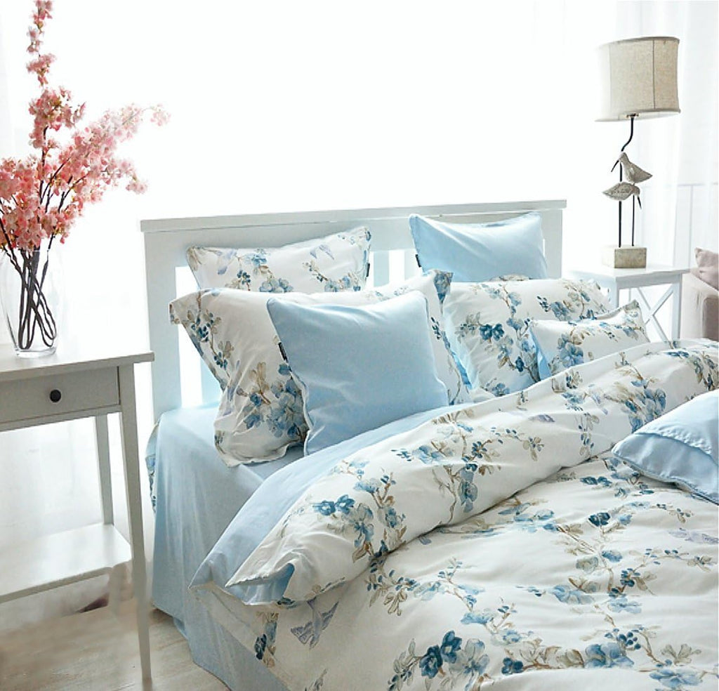 Eikei Garden Chinoiserie Floral Duvet Quilt Cover Asian Porcelain Style Tree Blossom and Birds Blue and White Watercolor Pattern 300tc Cotton Percale 3pc Bedding Set (Blue, Twin)