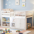 Giantex Low Loft Bed Twin Size with LED Lights, Wooden Bed Frame w/Stairs, Safety Guardrails, Storage Cabinet, Bookshelf & Under-Bed Play Space, Modern Kids Loft Bed for Boys Girls (White)