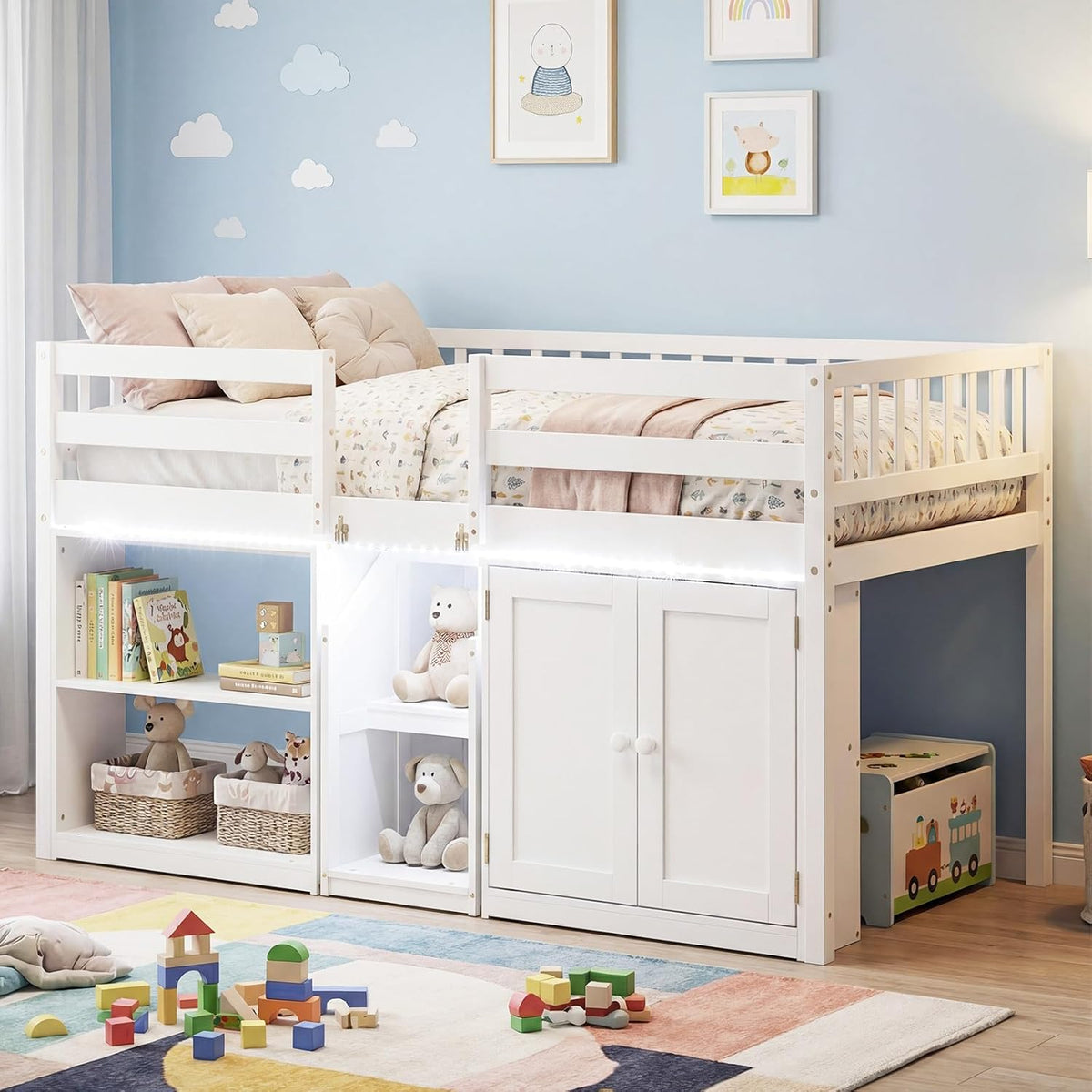 Giantex Low Loft Bed Twin Size with LED Lights, Wooden Bed Frame w/Stairs, Safety Guardrails, Storage Cabinet, Bookshelf & Under-Bed Play Space, Modern Kids Loft Bed for Boys Girls (White)